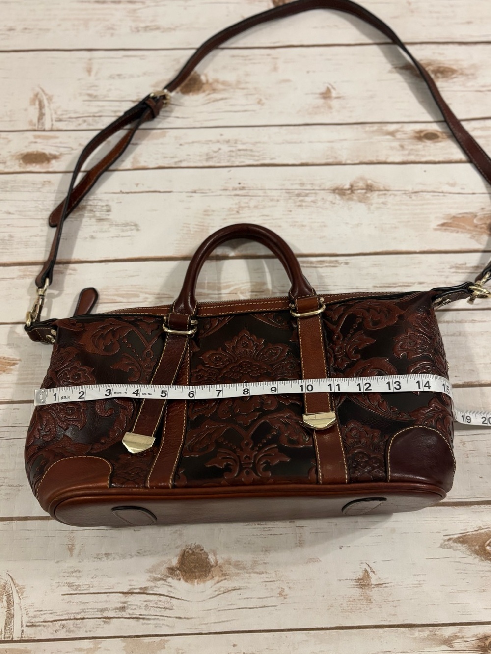 PIJUSHI Embossed Genuine Brown Leather Satchel and Crossbody Bag/Wristlet Set - Picture 9 of 16